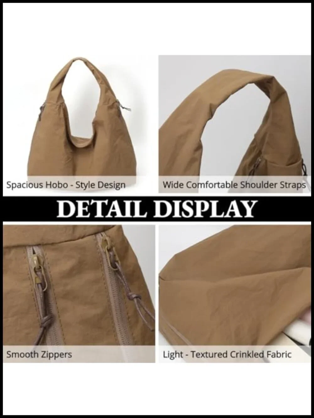 Nylon Slouchy Hobo Tote Bag with Multiple Pockets for Travel